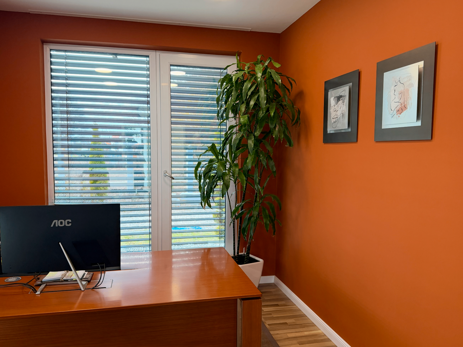 Traditionelle Malerarbeiten Büro mit Akzentwand in warmem Orange